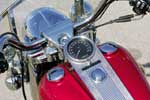 The instrument nacelle on the Road King delivers the least information of this trio. The Harley's ignition switch behind the speedometer will interfere with a tank bag. The instrument nacelle on the Road King delivers the least information of this trio. The Harley's ignition switch behind the speedometer will interfere with a tank bag.